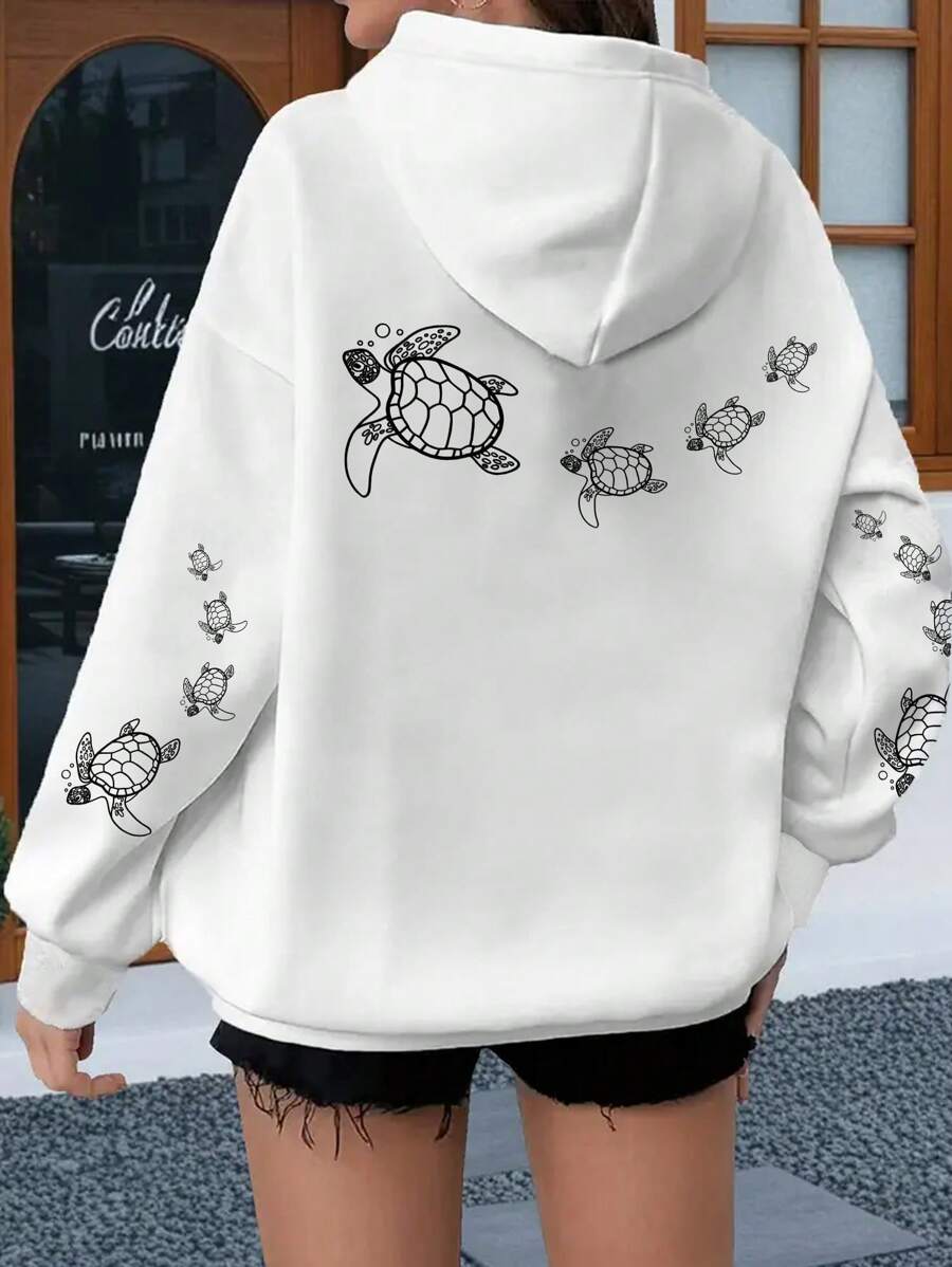 SHEIN EZwear Sudadera con capucha casual y minimalista con estampado de tortuga marina para vacaciones, para mujer - Multicolor - Ver 1