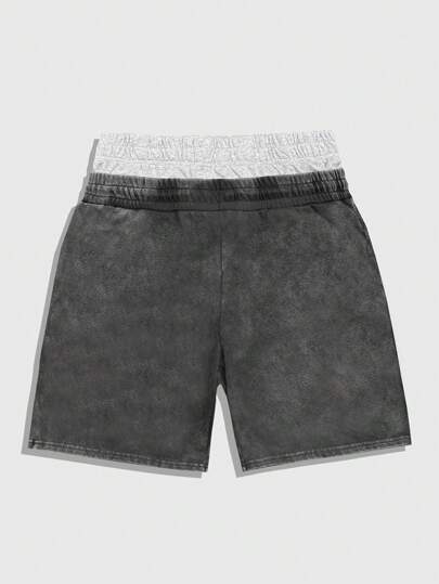 Prep Pantalones cortos para hombre con impresión de letras, doble cintura con cordón