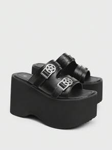 Sugerpunk 哥特式休闲厚底坡跟凉鞋，圆头镂空 5.0 英寸厚底，朋克圆形星星装饰前扣皮革一脚蹬女鞋，适合户外休闲、派对、通勤