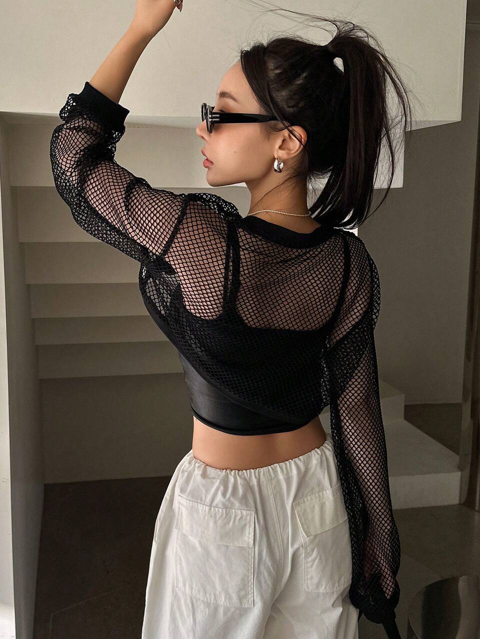 1pc Hollow Out Super Crop Top Going Out Tops Festival Sheer,Beach Outfits Long Sleeve Women Tops