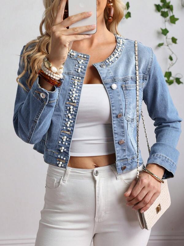 EMERY ROSE Women's Faux Pearl Front Button Denim Jacket, Long Sleeve