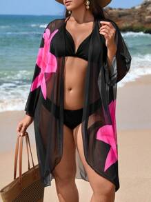 Swim Vcay Plus Size Women's Loose Patterned Cardigan, Suitable For Vacation & Beach, Robe Style For Summer - Black - View 3