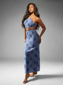 MISSGUIDED Robe longue à imprimé palmier, avec décolleté licou et découpe, pour la plage, les vacances, les mariages. Robe fluide et longue pour l'été - Prune - Voir 5