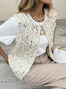 Serisse 时尚无袖亮片女式夹克，适合日常休闲通勤 - 杏色 - 查看 6