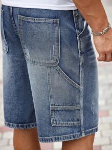 Manfinity Homme 男士纯色休闲百搭口袋牛仔短裤 - 中等水洗藍 - 查看 5