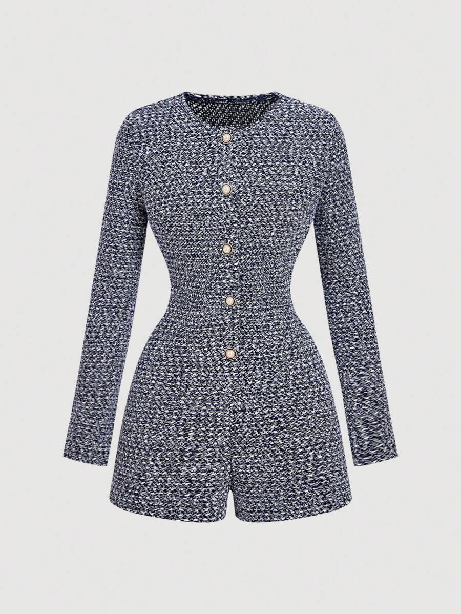 SHEIN MOD 女士纽扣设计法式时尚连体衣 - 藍白色 - 查看 1