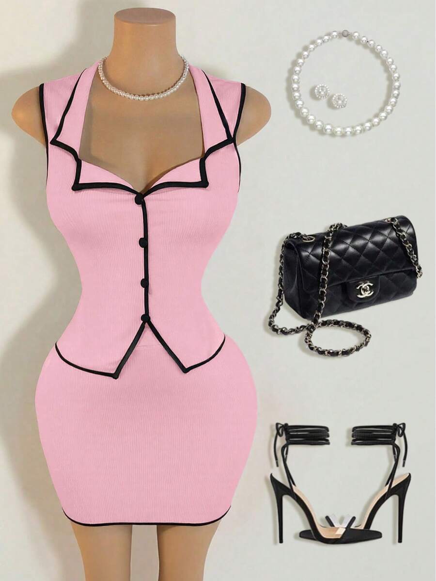 BamGleam 2 件优雅套装：撞色饰边露背无袖上衣和裙子