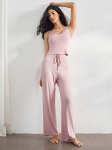 Ocili 休闲女士舒适简约无袖裤和贝壳纽扣上衣睡衣套装，淡粉色家居服假日季节服装 - 粉色 - 查看 3