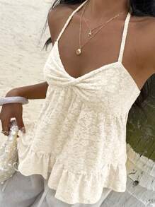 Sunnyshic Áo hai dây đan chéo ren màu trơn, thời trang cho mùa hè - Màu be - Xem 6