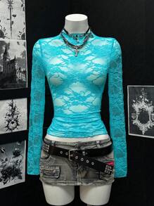 EgrlEra Lace Trimmed Slim Fit Long Sleeve Top Y2K  Fall Cloth For Women - Mint Blue - View 3
