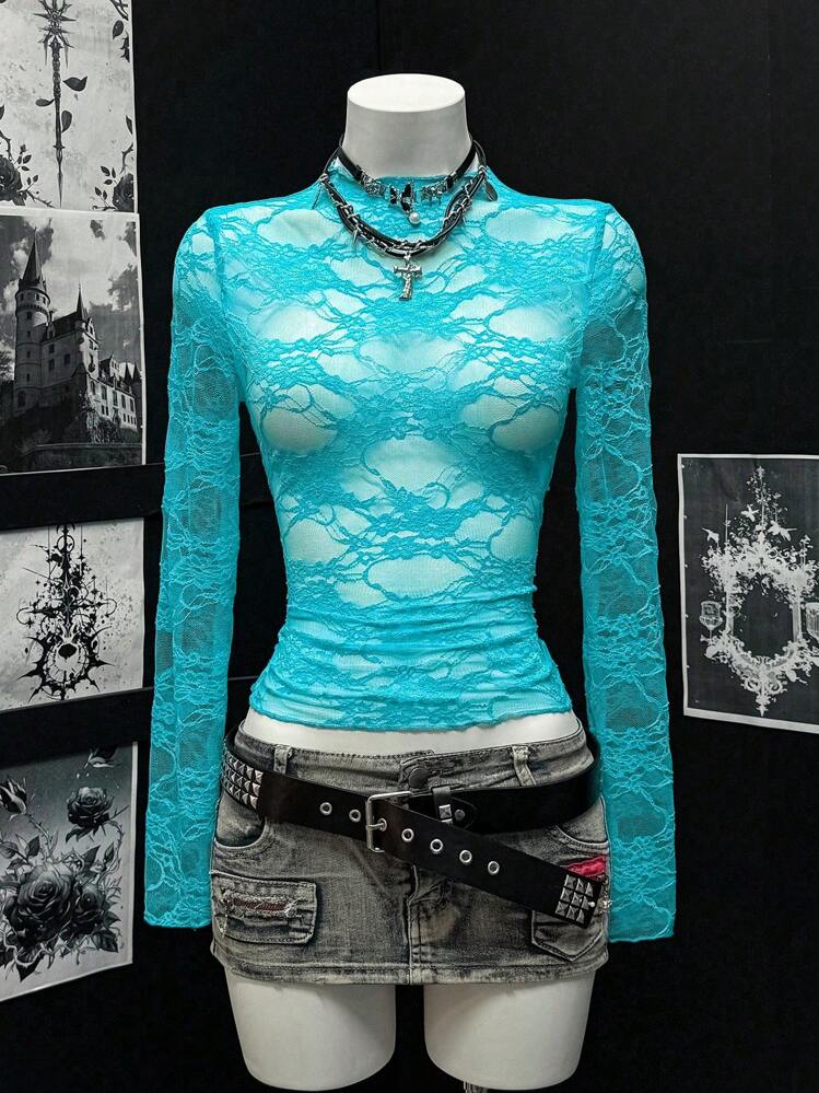 EgrlEra Lace Trimmed Slim Fit Long Sleeve Top Y2K  Fall Cloth For Women - Mint Blue - View 2