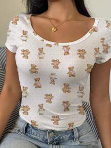 SHEIN EZwear Casual Polka Dot Bear Print Crew Neck Cap Sleeve Fitted Women T-Shirt, Suitable For Summer Pullover Suitable For Going Out - Multicolor - View 4