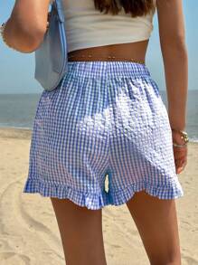 Jouncy Women's Plaid Print Ruffle Hem Drawstring Waist Casual Shorts - Multicolor - View 2