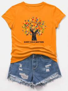 Women's Casual Hand Print & Letter Graphic T-Shirt, Spring/Summer - Orange - View 1