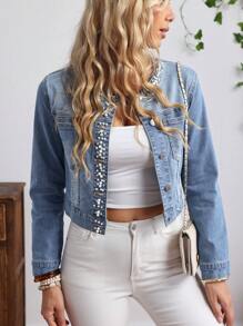 EMERY ROSE Women's Faux Pearl Front Button Denim Jacket, Long Sleeve