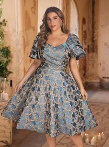 Aureia 加大码优雅浪漫华丽的蓝色提花缎面甜心领，带有褶皱和不对称荷叶边袖子，下摆适合晚宴、单身约会派对、舞会、度假、婚礼活动、返校季、毕业季、舞会礼服复古连衣裙 - 藍色 - 查看 5