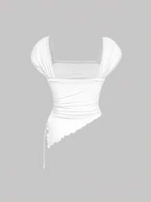 SHEIN MOD 大码女式可爱系带红色T恤，浪漫优雅休闲上衣 - 白色 - 查看 3