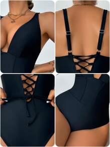 Swim DD+ Solid Color Sexy One-Piece Swimsuit For Beach/Resort For Summer Beach Vacation - Black - View 8