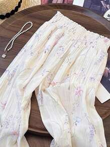 Breezaya 杏色碎花高腰阔腿裤，休闲春夏款，可搭配复古腰带，优雅日常穿着，适合办公室、毕业典礼、复古音乐节、德比季 - 杏色 - 查看 2