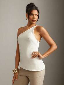 Hauture Old Money Sexy Business Casual Solid Asymmetrical One Shoulder Tank Top – Elegant Minimalist Hem Blouse, Office Lady Statement Shirt, Chic Professional Workwear & Stylish Going Out Top For Women