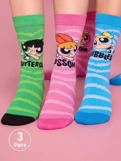 THE POWERPUFF GIRLS X SHEIN 3 pares de calcetines informales para mujer hasta el tobillo, suaves, transpirables y que absorben la humedad, con estampado de dibujos animados, de colores llamativos y bonitos, con refuerzo en los dedos y el talón para mayor durabilidad, para todas las estaciones y que combinan con todo