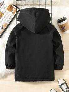 SHEIN 小男孩休閒寬鬆連帽填充外套防風衣，純黑色冬季職業日外套，小男孩保暖內裡連帽夾克，適合學校運動 - 黑色 - 查看 5
