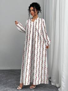 Modelyn Women's Floral Print Notched Neck Elegant Long Sleeve Dress - White - View 4