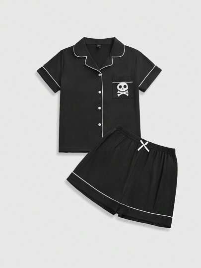 Goth Gothic Print Shirt Shorts Pajama Set