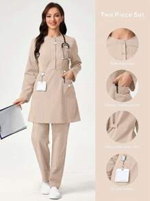 TaskEZ Conjunto de uniforme de scrub de unicolor con camisa de manga larga con bolsillo y pantalón de largo completo - Caqui - Ver 1