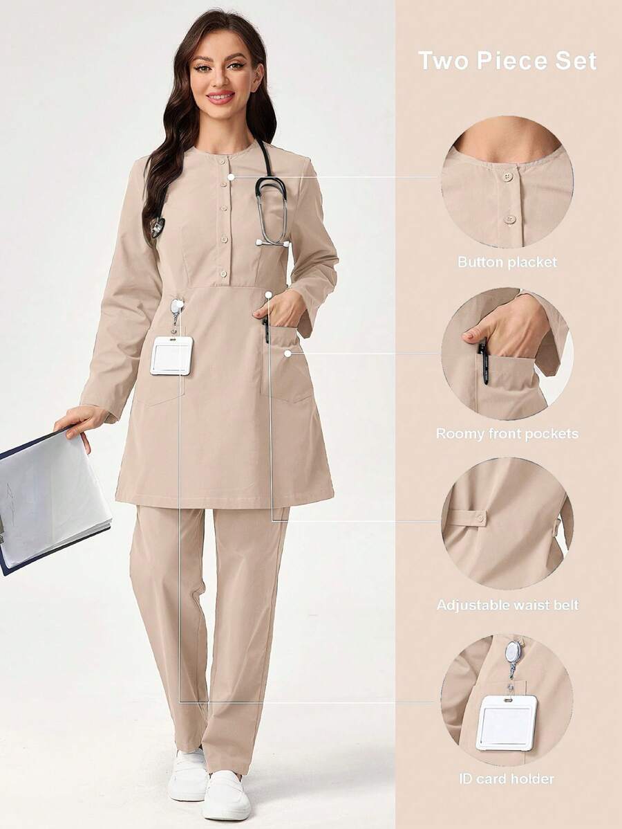 TaskEZ Conjunto de uniforme de scrub de unicolor con camisa de manga larga con bolsillo y pantalón de largo completo - Caqui - Ver 1