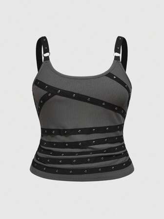 Grunge Punk Canotta estiva da donna con applicazioni di rivetti e strass, scollo a V profondo, ideale per spiaggia, laurea, Pasqua, concerti, vacanze a Nashville, festival musicali, taglie comode