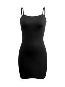 SHEIN Robe mini moulante à bretelles spaghetti de couleur unie pour femmes - Noir - Voir 5