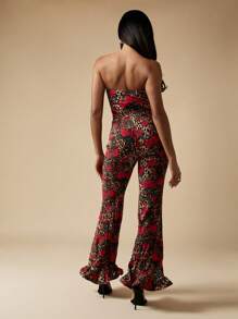 MISSGUIDED Floral Leopard Print Jumpsuit Strapless Wide Leg Party Evening Wedding Guest Summer Vacation Resort Wear Women Flare Pants Bell Bottom - Red - View 2