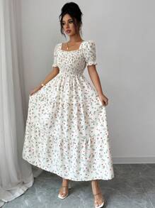 Elenzga 女式优雅碎花印花方领束腰 A 字拼接连衣裙 - 杏色 - 查看 5