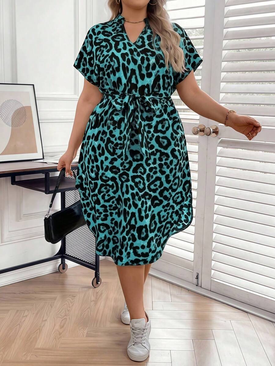 SHEIN LUNE Plus Size Women Leopard Print Dress - Green - View 1