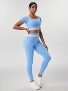 SHEIN Sports 女士拼色短袖长裤无缝运动套装 - 藍色 - 查看 5