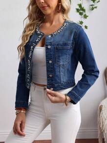 EMERY ROSE Ladies' Faux Pearl Button Front Long Sleeve Denim Jacket And Coat Cropped Denim Jacket Women Jean Jacket Crop Jean Jacket Pearl Embellished Denim Jacket Denim Jacket With Pearl