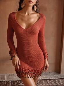 MOTF PREMIUM PLUNGING NECK LAYERED FRINGE HEM COVER UP DRESS FOR SUMMER BEACH VACATION - Brown - View 3