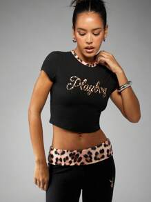 Missguided x Playboy 豹纹婴儿 T 恤短款上衣动物图案修身夏季节日 Y2K 短袖图案街头服饰娃娃装 - 黑色 - 查看 4