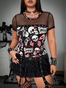 Whyspr Grunge Punk Plus Size Punk Skull Print Sheer Mesh Patchwork Short Sleeve T-Shirt, Summer