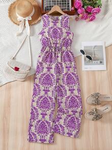 Tween Girl Retro Print 2 In 1 Jumpsuit, Vacation Style - Purple - View 1