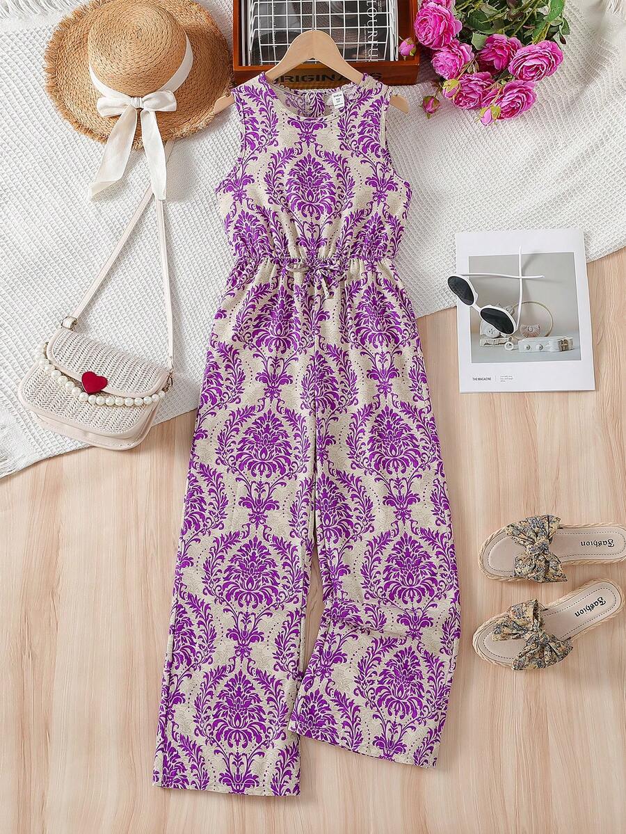 Tween Girl Retro Print 2 In 1 Jumpsuit, Vacation Style - Purple - View 1