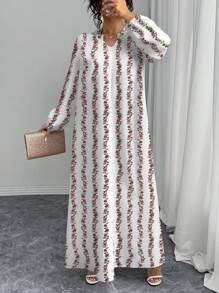 Modelyn Women's Floral Print Notched Neck Elegant Long Sleeve Dress - White - View 6