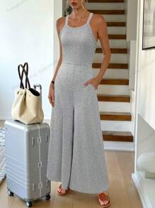 SHEIN LUNE Bộ đồ liền thân ống rộng không tay màu đen có túi dành cho nữ, trang phục mùa hè thoải mái và giản dị, chất liệu dệt kim - Xám - Xem 3