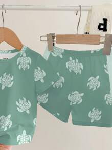 2pcs Young Boy Casual Cute Cartoon Turtle Graphic Round Neck Short Sleeve T-Shirt And Shorts Outfit, Fashionable Summer Set