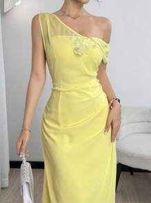 Modelyn 女士优雅碎花细肩带雪纺连衣裙，浅黄色，时尚专属派对礼服 - Butter Yellow - 查看 1