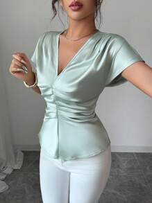 SHEIN Clasi Women's Solid Color Short Sleeve V-Neck Front Pleated Elegant Blouse, For Summer - Green - View 5