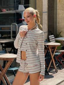 SHEIN ICON 3 件套女式条纹印花露背上衣 + 长袖夹克 + 短裤 7 月 4 日女士服装 返校运动连衣裙 - 彩色 - 查看 5