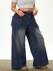 Rina Fox 大码女式前卫街头风格深蓝色牛仔裤，无弹力 - 深色水洗藍 - 查看 5