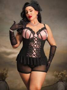 2pcs Plus Size Lingerie Set With Underwire, Criss-Cross Straps, Lace Patchwork, Slimming Cut, Lace Trim, Ruffle Hem, Vintage, Palace Style - Multicolor - View 3